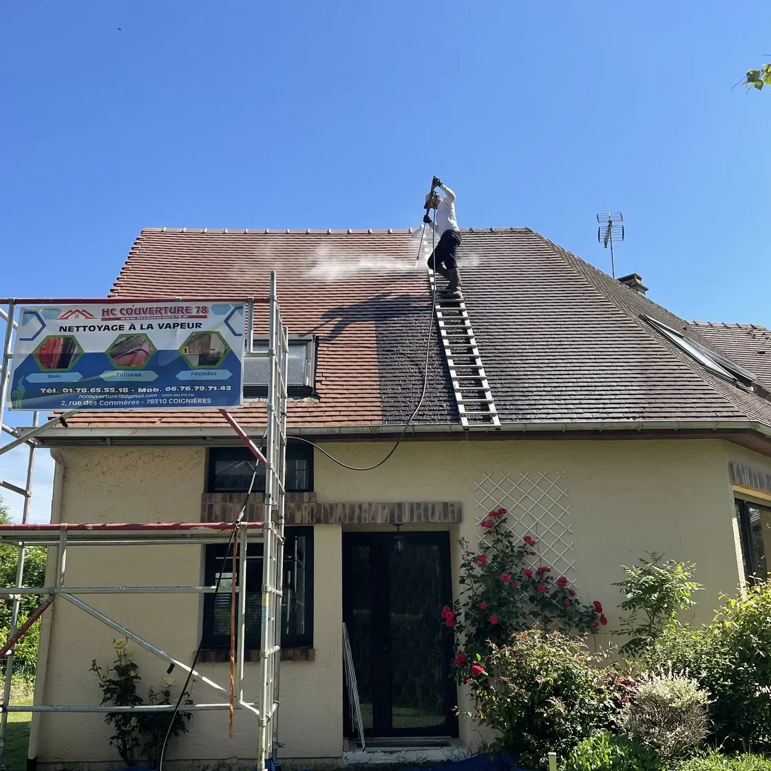 Nettoyage vapeur en cours sur une toiture : intervenant sur une échelle et jet de vapeur au contact des tuiles